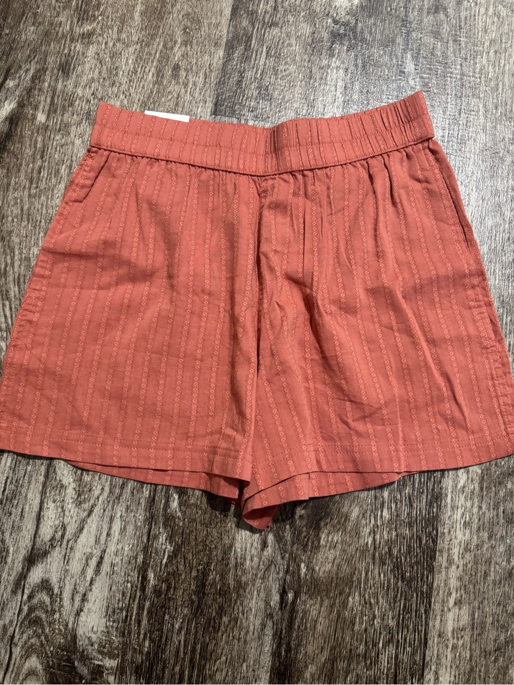 Three Dots Terracotta Eyelet-Stripe High Waist Shorts